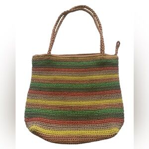The Sak Belle Crochet Tote Striped Multicolor Boho Hippie Hobo Striped Knit Bag